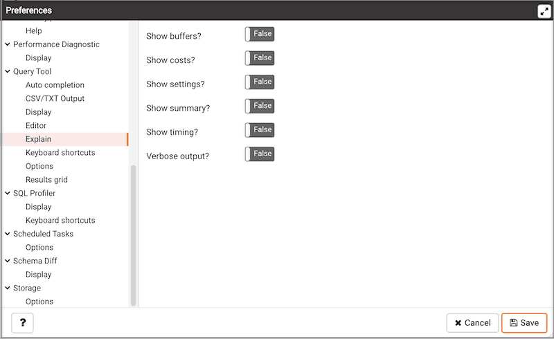 Preferences dialog - Query tool Explain options