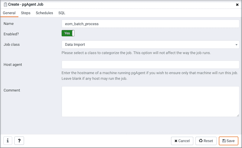 Create pgAgent Job dialog - General tab